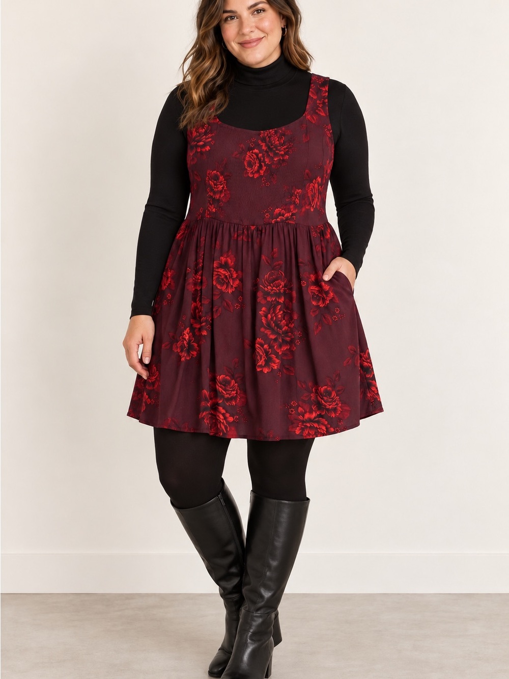 Old Navy Burgundy Floral Fit & Flare Mini Dress XL Pockets